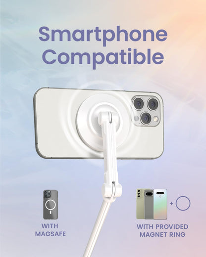 KraftGeek Magnetic Phone Tripod for iPhone MagSafe – 66'' Automatic Selfie Stick with Remote, Portable Tripod Stand for Video Recording, Travel, Vlogging (White)