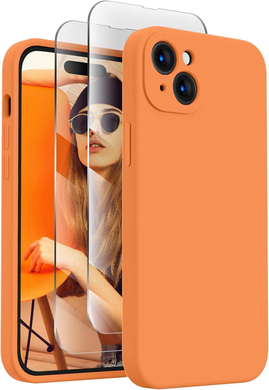 FireNova Designed for iPhone 15 Case, Silicone Upgraded [Camera Protection] Phone Case with [2 Screen Protectors], Soft Anti-Scratch Microfiber Lining Inside, 6.1 inch, Kumquat