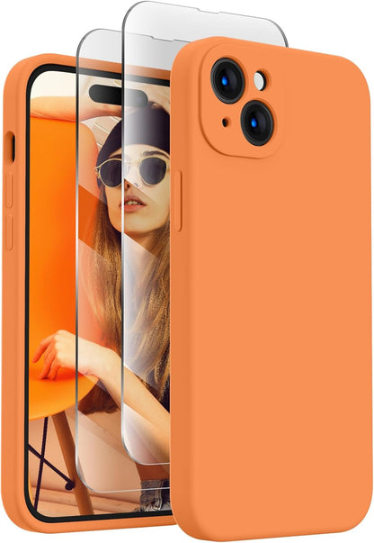FireNova Designed for iPhone 15 Case, Silicone Upgraded [Camera Protection] Phone Case with [2 Screen Protectors], Soft Anti-Scratch Microfiber Lining Inside, 6.1 inch, Kumquat