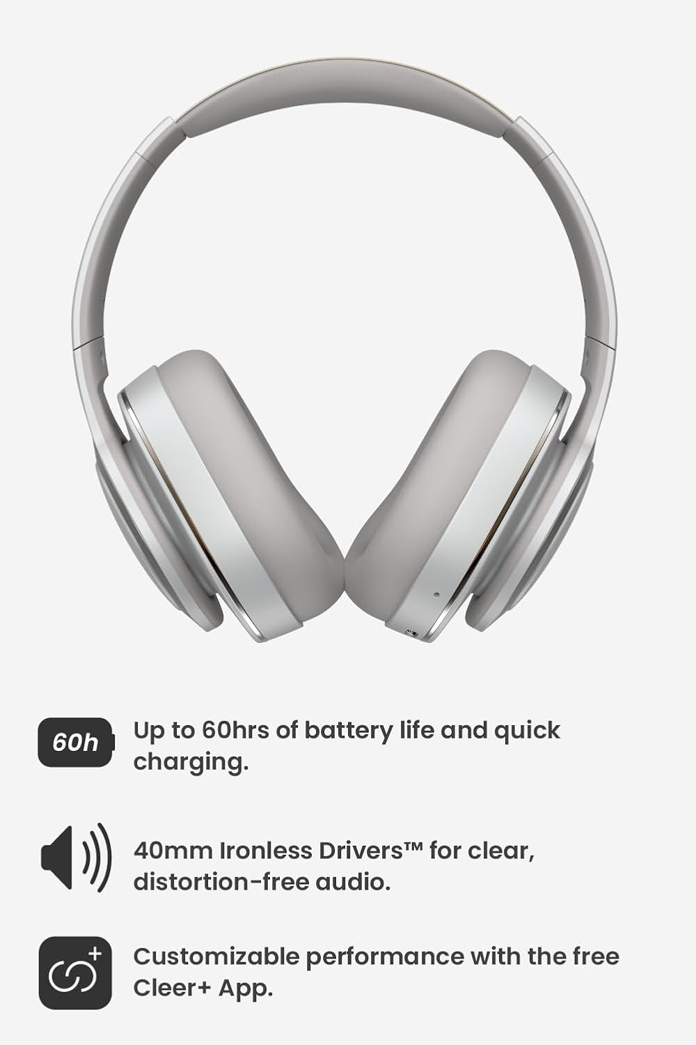 Cleer Audio Enduro ANC Noise Canceling Headphones, Bluetooth Multipoint Connection, Over-The-Ear Design with Mic, Crystal Clear Hands-Free Calling, up to 60 Hours of Battery Life - Light Grey