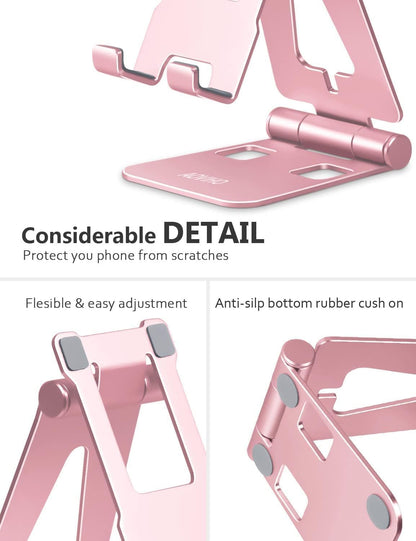 Cell Phone Stand for Desk, Adjustable Desktop Phone Holder Stand, Foldable Moblie Phone Dock for iPhone 15 14 13 12 11 Pro Xs Max Xr X 8 7 6 5 5s SE Nintendo Switch All Phones, Rose Gold