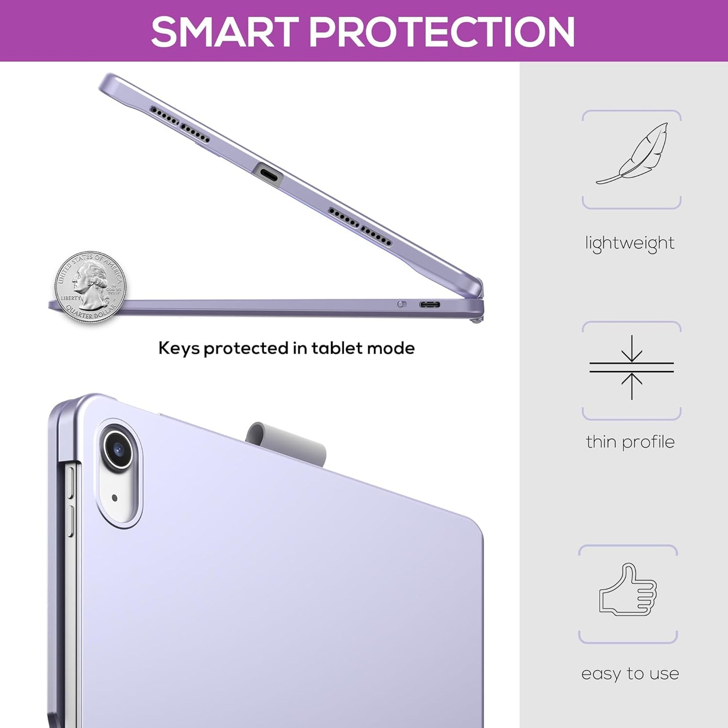 typecase Touch iPad 10th Generation Case with Keyboard (10.9", 2022) and iPad A16 (11th Gen, 2025) – 360° Rotatable, 11-Color Backlit, Multi-Touch Trackpad, Thin & Light (Light Purple)