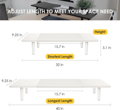 Dual-Monitor-Stand-Riser-For-Desk Adjustable Length 32-40 Inch，Large Desktop Computer Monitor Riser For 2 Screens，Desk Shelf Organizer Riser Stand For Computer/Laptop/PC/Printer/TV White