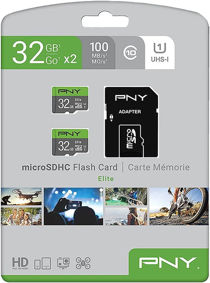 PNY 32GB Elite Class 10 U1 microSDHC Flash Memory Card (Pack of 2-100MB/s Read, Class 10, U1, Full HD, UHS-I, Micro SD (Pack of 1)