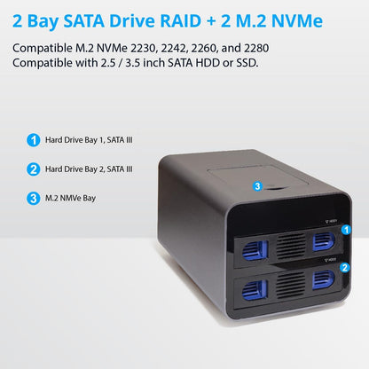 USB 3.2 (10Gbps) Type-C 2 Bay 2.5 Inch and 3.5 Inch SATA Hard Drive + 2 Bay M.2 NMVe Combo External Hard Drive Enclosure