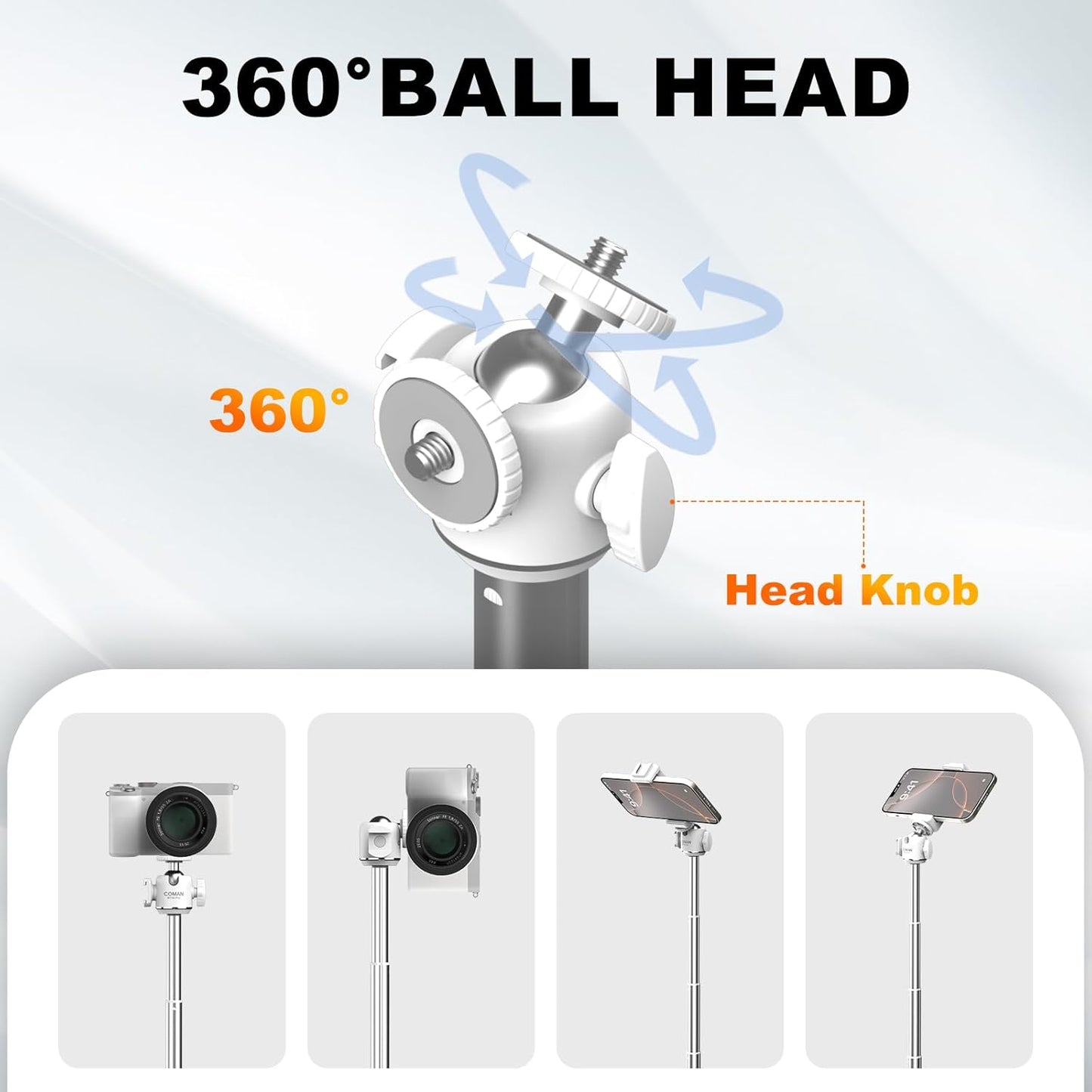 COMAN MT30-Pro Extendable Phone Tripod, 61cm Cell Phone Tripod Stand for iPhone with 360° Ball Head, Selfie Stick Vlog Stand with Remote, Tripod for iPhone 16/15/14/13/12 Pro Max/Android
