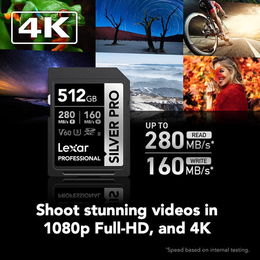 Lexar 512GB Professional SILVER PRO SD Card, UHS-II, C10, U3, V60, Full HD, 4K, Up To 280MB/s Read SDXC Memory Card, for Professional Photographer, Videographer, Enthusiast (LSDSIPR512G-BNNNU)
