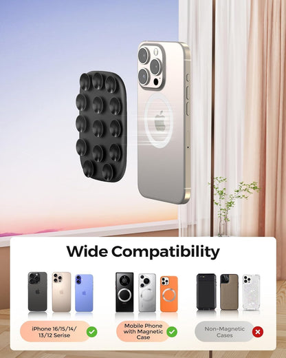 Magnetic Phone Suction Grip, Shower Phone Holder for MagSafe, Octo Phone Sticky Buddy Suction Grip for iPhone 16 15 14 13 12, Birthday Christmas for Women Black