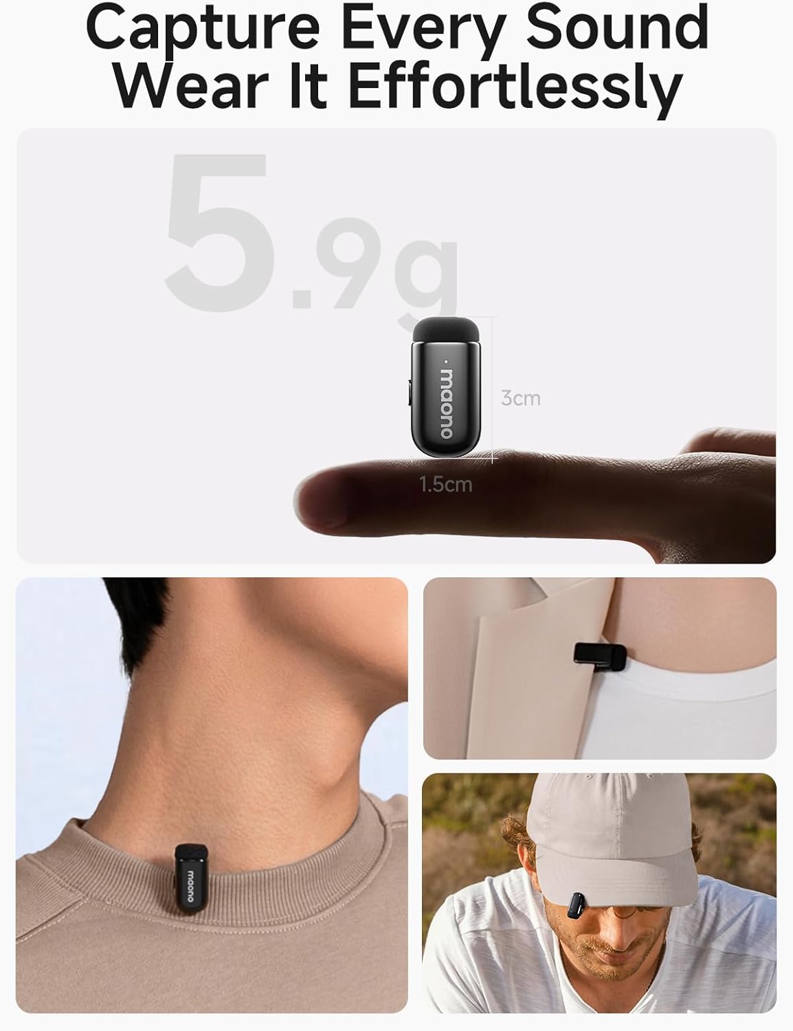 MAONO WAVE T1 Mini Wireless Lavalier Microphone for iPhone Android Tablet PC with Noise Cancellation, AI Voice Filter, 30H Used with Charging Case, USB-C/Lightning Plug for Video Recording Vlog TikTok