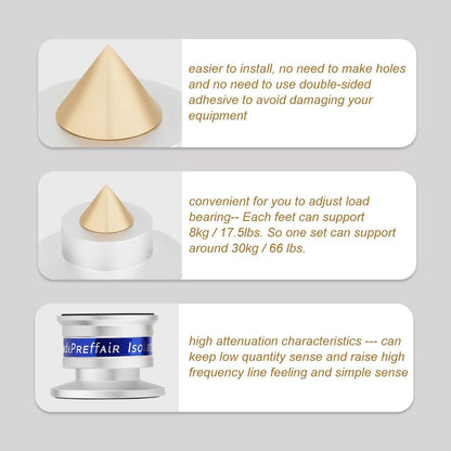 Preffair HiFi Speaker Isolation Feet Spikes, Aluminum Shockproof Turntable Stand Feet, Speaker Floor Protector Mat, Adjustable Subwoofer Vibration Absorber, Non-Slip LP Vinyl Record Player Base Pad.