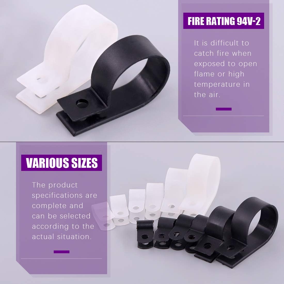 Swpeet 135 Pack 6 Sizes White+Black Nylon Plastic R-Type Cable Clips Clamp Assortment Kit, 3/16" 1/4" 3/8" 1/2" 3/4" 1" Nylon Screw Mounting Cord Fastener Clips with 135Pcs Screws for Wire Management