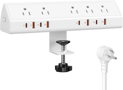 Desk Clamp Power Strip 65W Fast Charging Station,4 PD USB-C,5 Outlets,Nightstand Desk Edge Mount Tower Surge Protector,15 Amp Heavy Duty Power Strip,Fits 1.96" Tabletop Edge (White, 6 FT Cable)