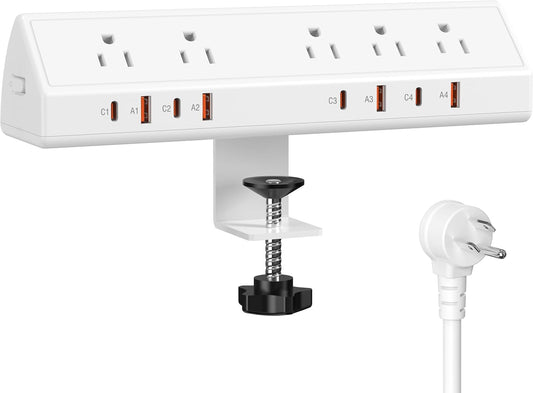 Desk Clamp Power Strip 65W Fast Charging Station,4 PD USB-C,5 Outlets,Nightstand Desk Edge Mount Tower Surge Protector,15 Amp Heavy Duty Power Strip,Fits 1.96" Tabletop Edge (White, 6 FT Cable)