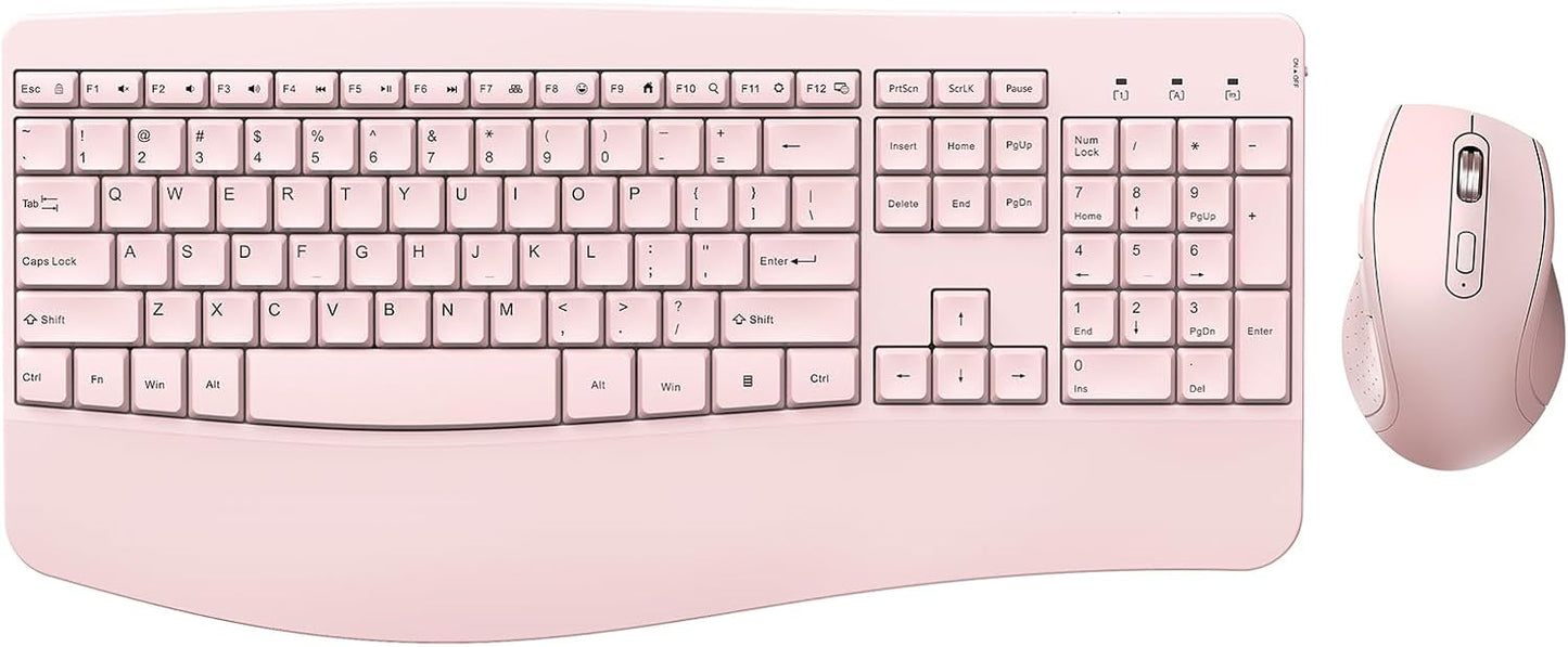Wireless Keyboard and Mouse - Full Size Ergonomic Keyboard with Palm Wrist Rest Ergonomic Mouse Cordless for Windows Computers Laptops - Light Pink (Upgrade)