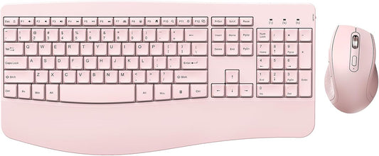 Wireless Keyboard and Mouse - Full Size Ergonomic Keyboard with Palm Wrist Rest Ergonomic Mouse Cordless for Windows Computers Laptops - Light Pink (Upgrade)