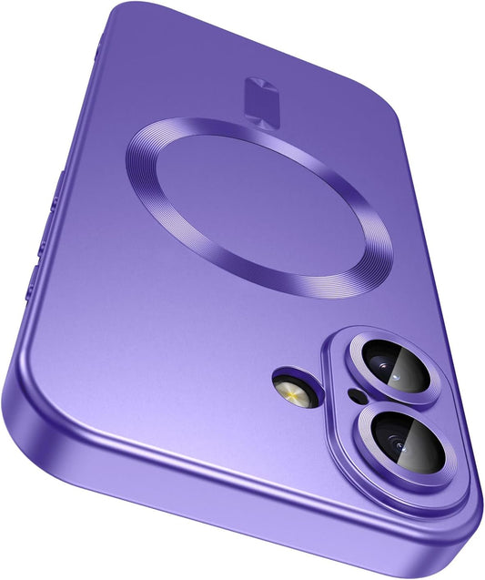 Magnetic for iPhone 16 Case [Compatible with MagSafe][Built-in Camera Lens Protector] Slim Soft Silicone Bumper Shockproof Metallic Luster Phone Case (Purple)