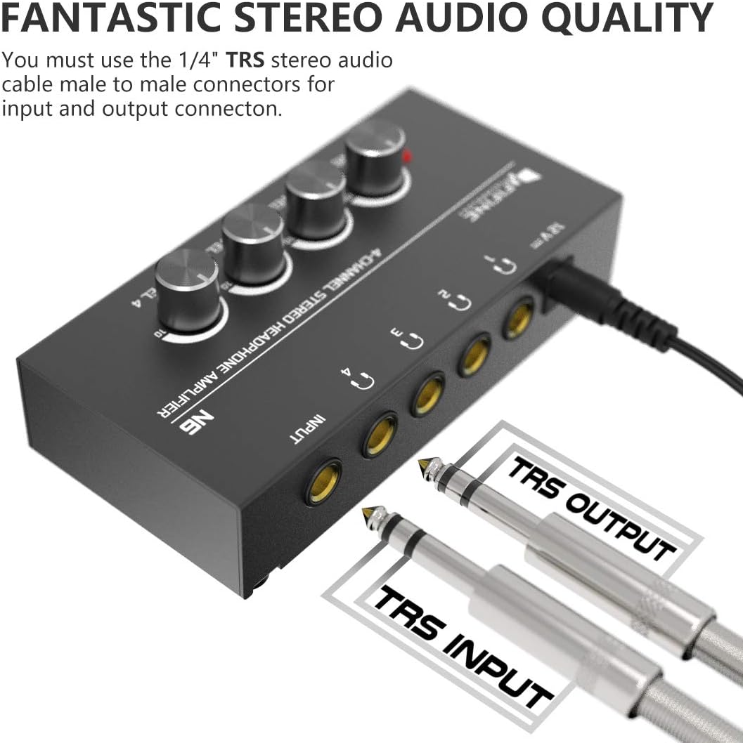Fifine Headphone Amplifier 4 Channels Metal Stereo Audio Amplifier,Mini Earphone Splitter with Power Adapter-4x Quarter Inch Balanced TRS Headphones Output and TRS Audio Input for Sound Mixer-N6