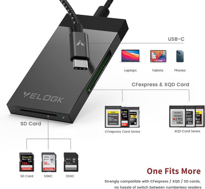 3-in-1 CFexpress/XQD/SD Card Reader USB C, VELOGK Dual-Slot USB 3.2(10Gbps) CFexpress Type B Card Reader Adapter compatible with Android/Windows/Mac OS/Linux, with Brushed Aluminum Case&Portable Pouch