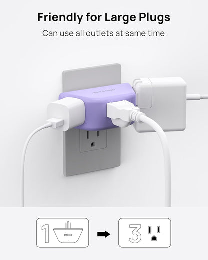 TROND Purple Outlet Extender - Plug Splitter with 3-Prong Grounded Sockets, 3 Way Angled Outlet Adapter, Wall Plug Expander, Cruise Ship Essentials, Compact and Practical for Travel Home Decoration