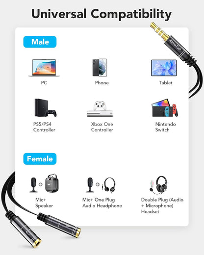 KINGTOP Headset Splitter, 3.5mm Headphone Mic Splitter Cable for Headset with Separate Stereo Audio & Microphone Jacks (Not for Dual Audio Jacks)
