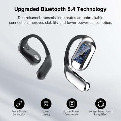 Open Ear Clip Wireless Earbuds Bone Conduction Headphones, Bluetooth 5.4, Open Ear Design, Built-in Mic, IPX7 Waterproof, LED Display Charging Case,Ear Hooks Ear Buds,Design for Running Fitness
