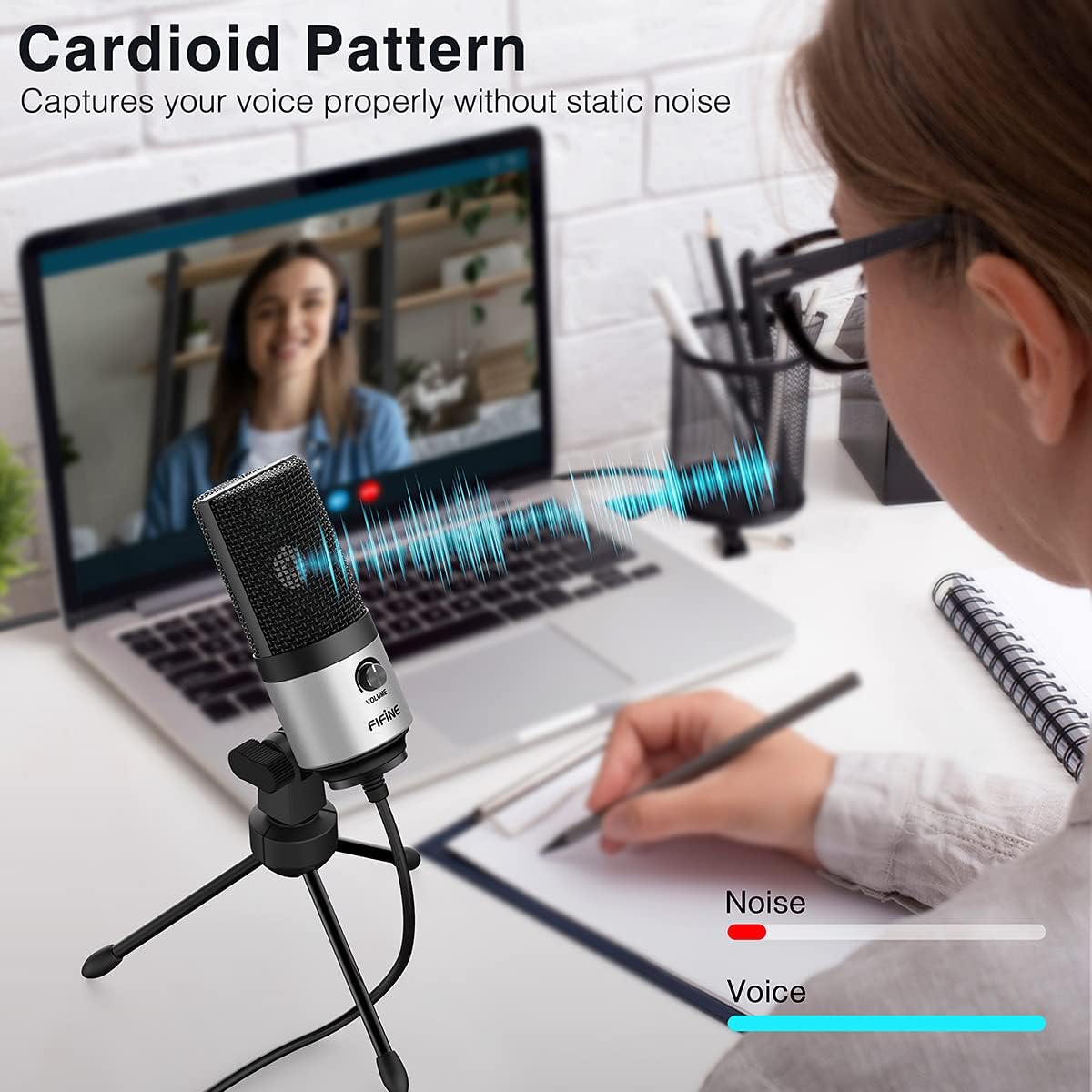 FIFINE USB Microphone for Zoom Video Meeting Online Class on PC Computer, Metal Condenser Desktop Mic with Gain Control for Windows and Mac, Silver - K669S
