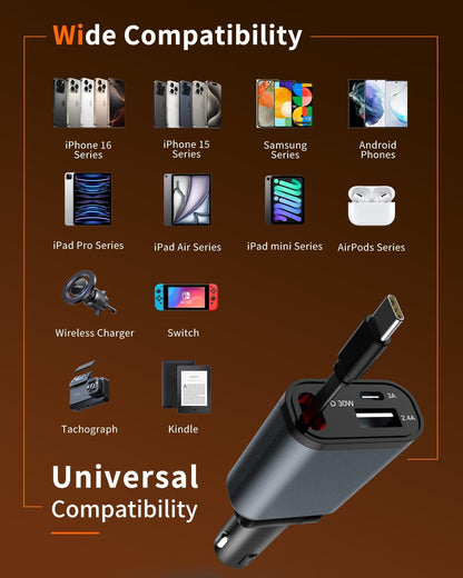 Retractable Car Charger, 3 in 1 Fast Car Phone Charger 50W, 1 TypeC Retractable Cables and USB Port, Compatible with iPhone 16/15/14/13/12/11,Galaxy,Pixel