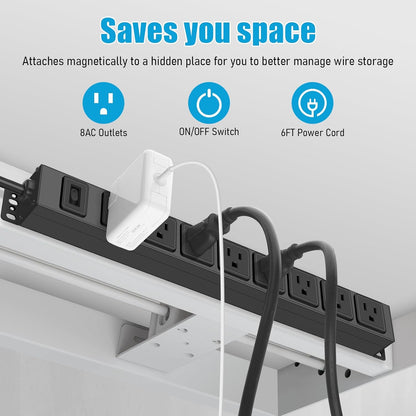HHSOET Magnetic Mount Power Strip, 8 Outlet Mountable Socket, Metal Heavy Duty Surge Protector, Gaming Table Outlet, Easy to Fix Without Drilling or Taping, 6FT Extension Cord.(Black)