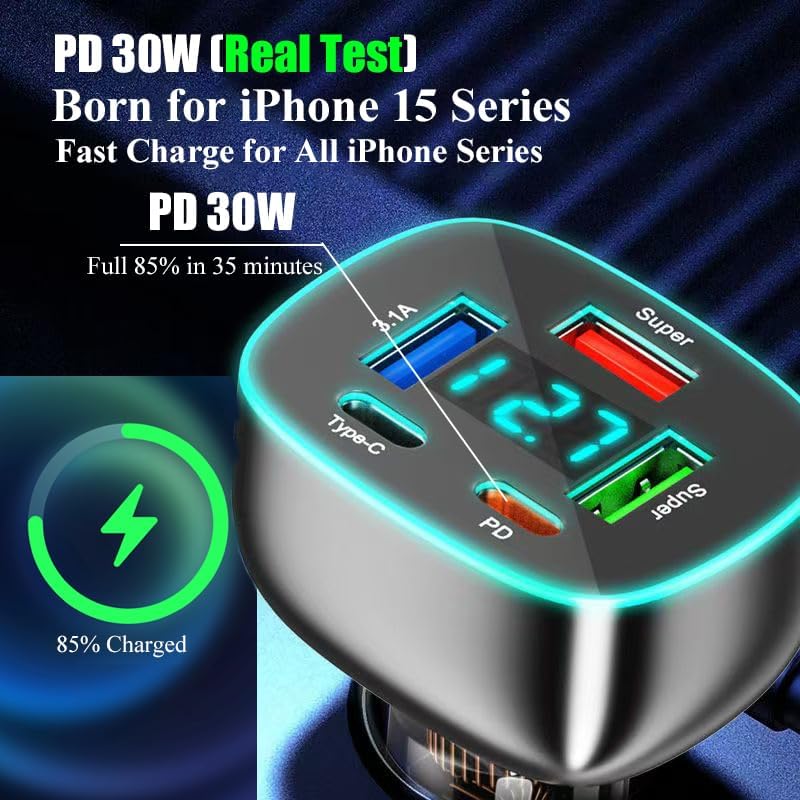 5 Port USB C Car Phone Charger with Voltage Display Dual PD 30W Super Fast for MacBook iPhone 16 15 Pro Max Samsung 100W Max Super for Huawei/Android Phones Cigarette Lighter Adapter with Volt Meter