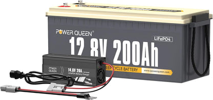 Power Queen 12.8V 200Ah LiFePO4 Battery with 14.6V 20A LiFePO4 Battery Charger; Built-in 100A BMS, Fully Charged Capacity, 2560Wh Energy, Perfect for RV, Camping, Solar System, Power Outage