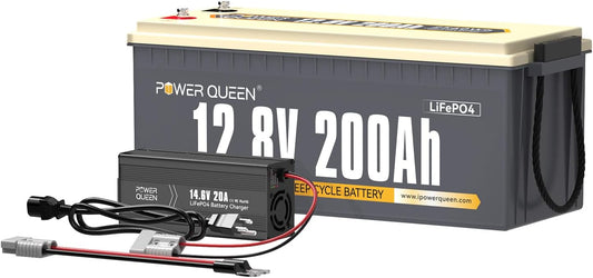 Power Queen 12.8V 200Ah LiFePO4 Battery with 14.6V 20A LiFePO4 Battery Charger; Built-in 100A BMS, Fully Charged Capacity, 2560Wh Energy, Perfect for RV, Camping, Solar System, Power Outage