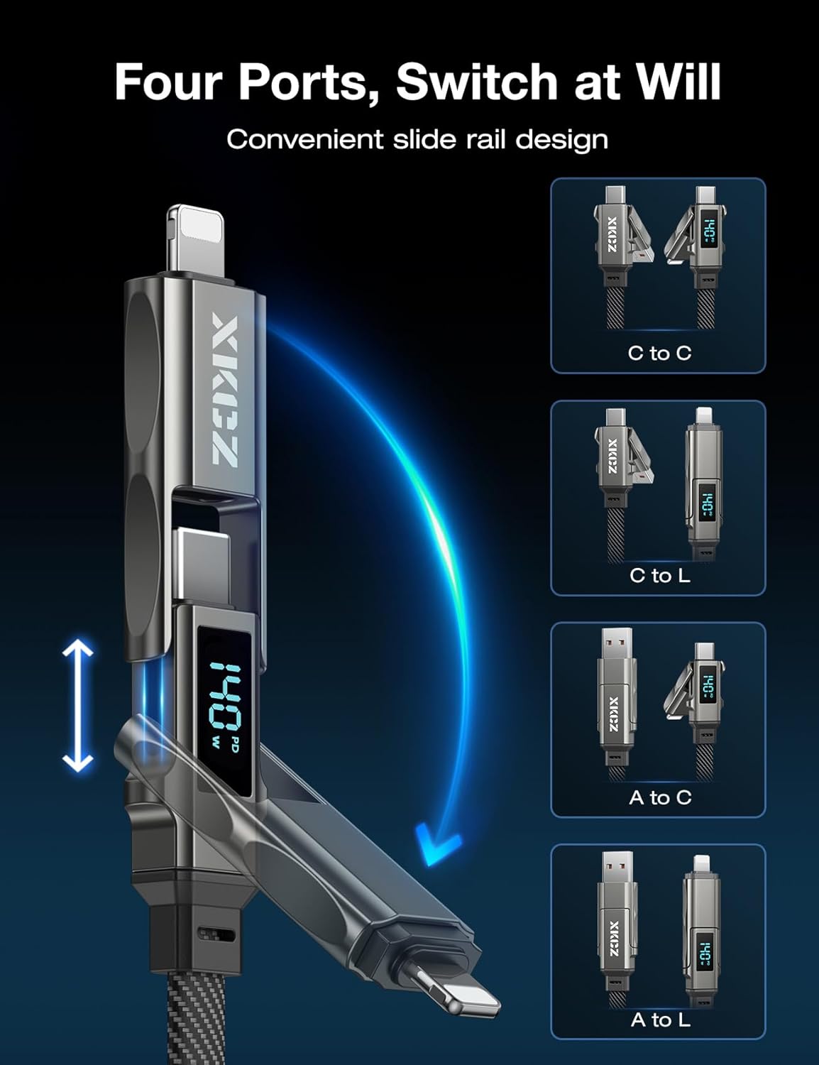 4 in 1 USB C Cable with Wattage Display, 140W Flat Nylon Braided Multi Charge Cable with Data Sync, USB C Charging Cord Combo Type C/USB A/L Port for iPhone/iPad/Samsung/Laptop, 5FT