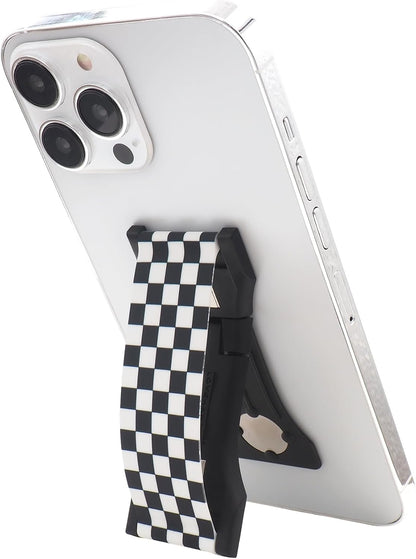 LOVEHANDLE PRO Premium Phone Grip - Silicone Phone Strap - Magnetic Phone Mount and Kickstand for Smartphone and Tablet - Black and White Checkered