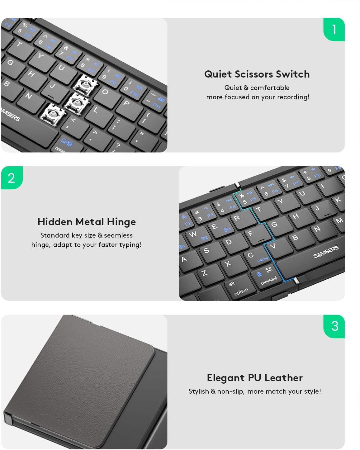 Samsers Foldable Bluetooth Keyboard with Touchpad, Full-Size Wireless Folding Keyboards with PU Leather, Support 3 Devices (BT5.1 x 3), Portable Travel Keyboard for iOS Android Windows Mac OS, Black