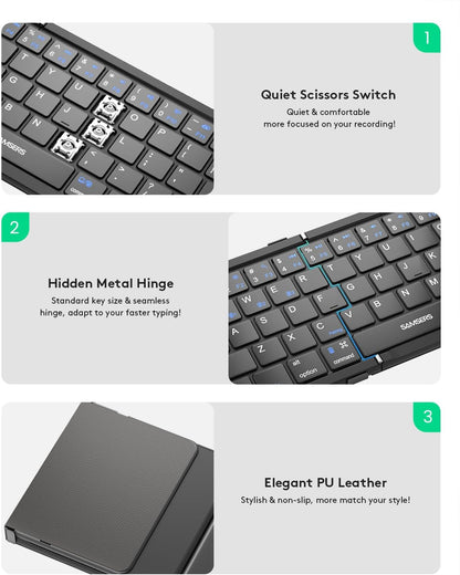Samsers Foldable Bluetooth Keyboard with Touchpad, Full-Size Wireless Folding Keyboards with PU Leather, Support 3 Devices (BT5.1 x 3), Portable Travel Keyboard for iOS Android Windows Mac OS, Black