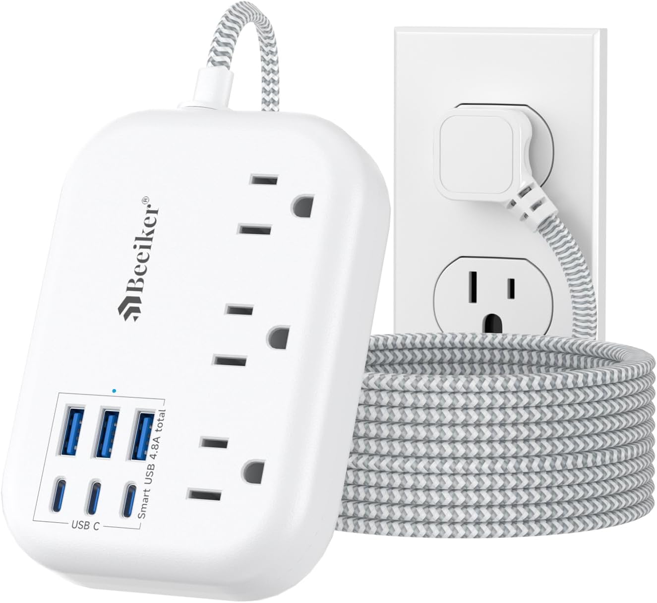 6 USB(3 USB C) Surge Protector Power Strip- Extension Cord 10 Ft with 24W USB Charging Station and 3 Outlets, Flat Plug Long Braided Extension Cord with Multiple Outlets for Home Office College Dorm
