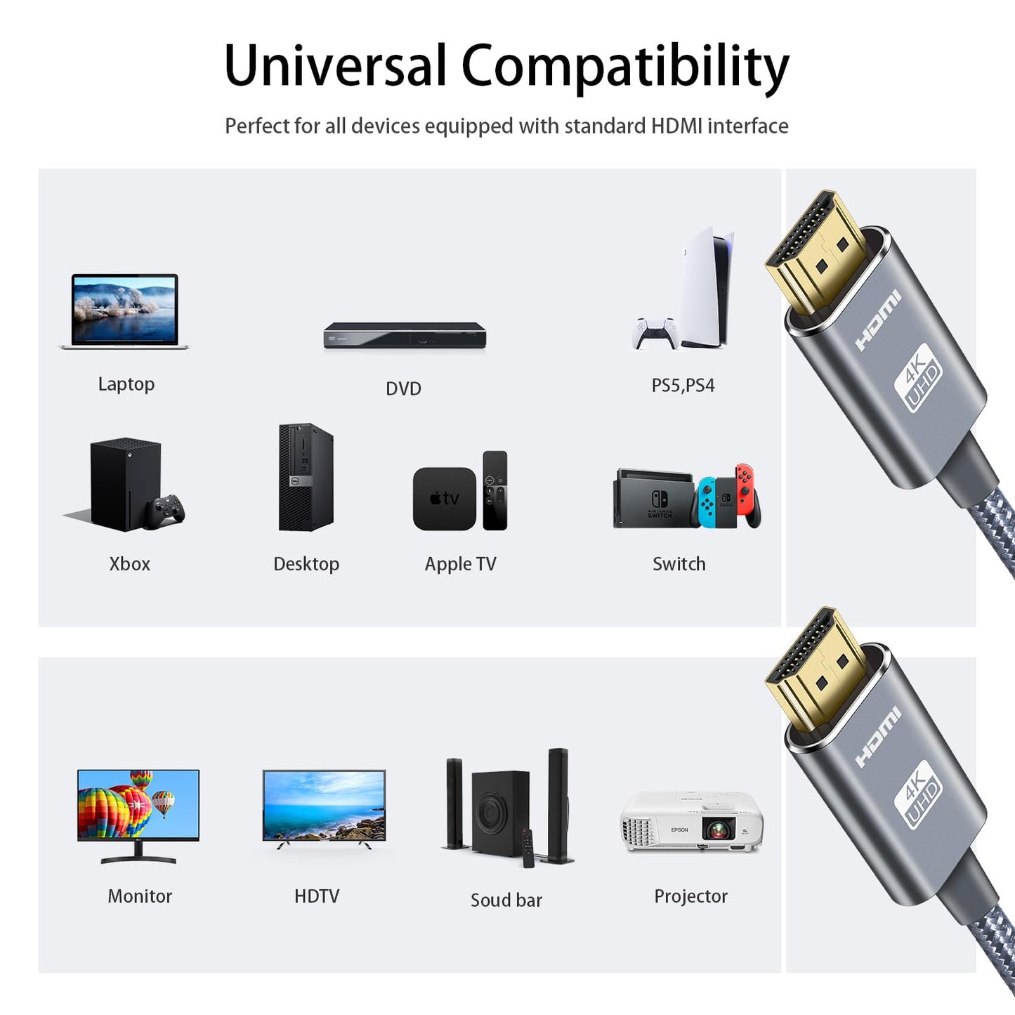 LEADSTAR HDMI Cable 4K 6 ft / 2m, High Speed HDMI 2.0 Cord Braided | 4K@60Hz, Ultra HD, 2160p, ARC, HDR, 3D, HDCP 2.2 | for Xbox, PS5, TV, Laptop, Monitor