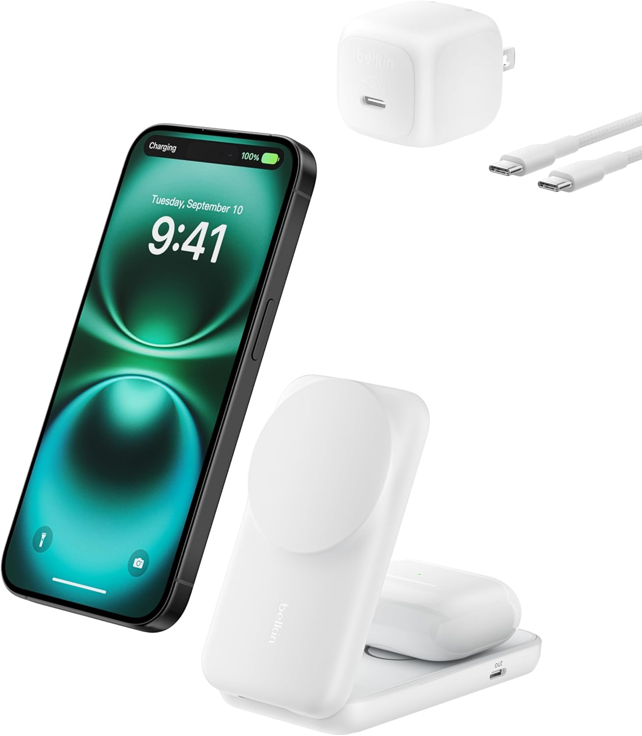 Belkin MagSafe Charger Compatible, 2-in-1 Charging Station, Qi2.2 25W Magnetic Wireless Charger Dock, Foldable Stand, with 5W USB-C Port, for iPhone 16/15/14, AirPods (45W Adapter Included)