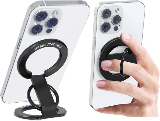 RESPECTED BRO-Magnetic-Phone-Ring-Holder with Dual Rings, Compatible with iPhone 16/15/14/13/12, Multifunctional Stand for Desk,Office,Gym,Kitchen & All Metal Surfaces, Finger Loop Grip (Black)