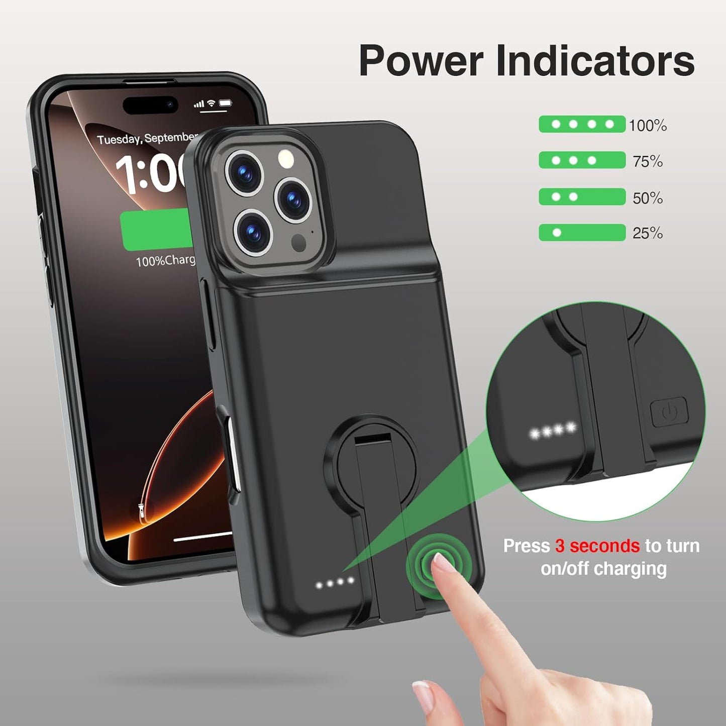 GIN FOXI Battery Case for iPhone 16 Pro, Charging Case with Stand 8500mAh Rechargeable Ultra-Slim Anti-Fall Protection Extended Battery Pack Charger Cover for iPhone 16 Pro Battery Case 6.3" Black