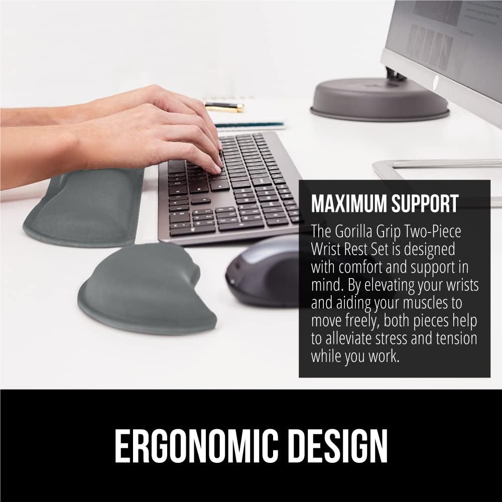 GORILLA GRIP Silky Gel Memory Foam Wrist Rest for Computer Keyboard, Mouse, Ergonomic Design for Typing Pain Relief, Desk Pads Support Hand and Arm, Mousepad Rests, Stain Resistant, 2 Piece Pad, Gray