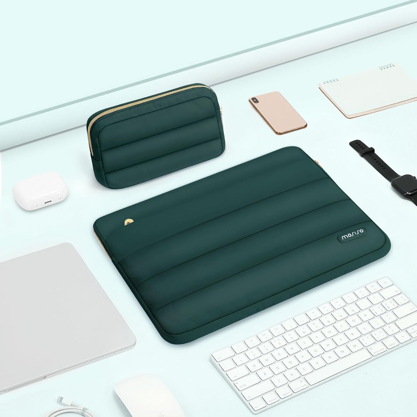 MOSISO 13.3 inch Laptop Case, 13-13.3 inch Puffy Laptop Sleeve Compatible with MacBook Air 13 13.6 M4 M3 M2 M1/Pro 13/Pro 14, HP Dell ASUS Lenovo,Polyester Horizontal Bag with Small Case,Peacock Green