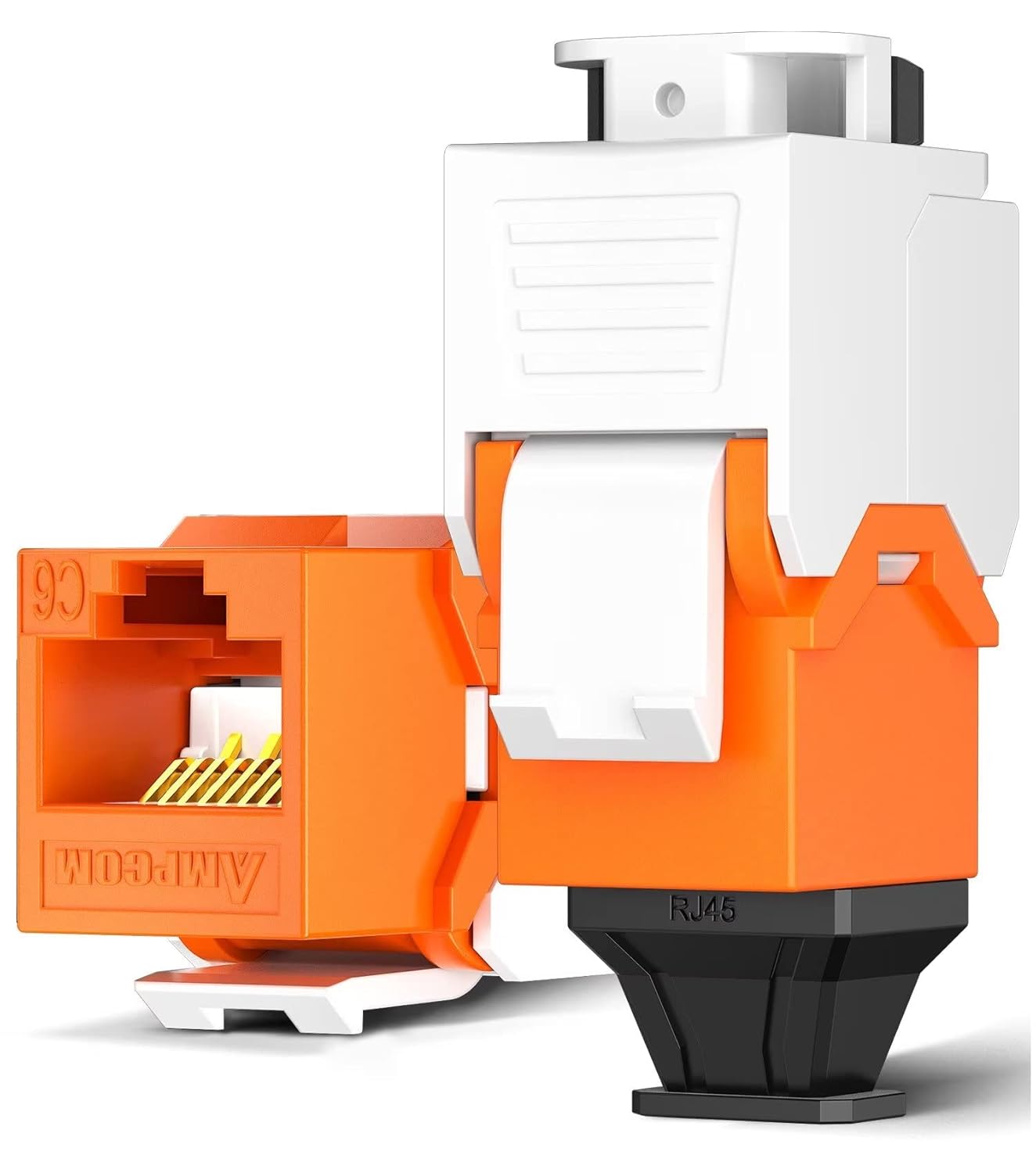 AMPCOM CAT6 RJ45 Keystone Jack - Reusable UTP Ethernet Wall Jack with Adjustable Ratchet Lock Design, No Tool and Zip Tie Required - 50u Gold Plated - Orange (2-Pack)