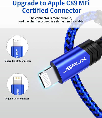 JSAUX Apple MFi Certified Lightning Cable 4ft, iPhone Charger Cable Nylon Braided Heavy Duty, Upgraded C89 USB Lightning Cord for iPhone 11 Xs Max X XR 8 7 6s 6 Plus SE 5 5s, iPad, iPod-Blue