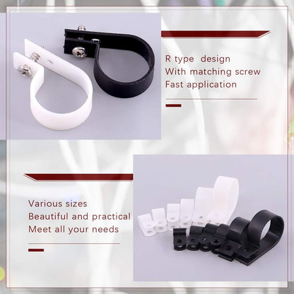 Hilitchi 132 Pcs 6 Sizes Black and White Plastic Cable Clamp R Type Screw Mounting Cord Fastener Cable Clips Assortment Kit with Screws for Wire Management Cable Conduit (Clips from 6mm to 23mm)