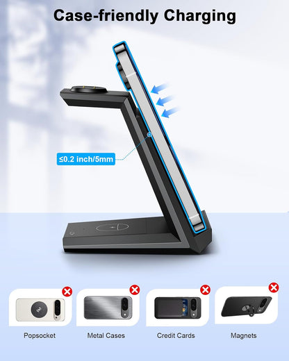 NANAMI Wireless Charger for Google - 3 in 1 Wireless Charging Station Fast Charger Stand Dock for Pixel 9 Pro XL/9/Fold/8/7/7A/6,Buds Pro 2/Pro, Watch 3/2,Fitbit Versa 4/Sense 2(Not for Pixel Watch 1)