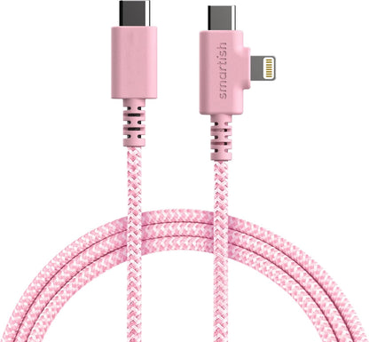 Smartish 2 in 1 USB C to USB C/Lightning Cable - Crown Joule - 6 Ft Fabric Wrapped Fast Charging Cord - for iPhone, Galaxy, Pixel - 100W Dual Fast Charger for Phones/Laptops - I'm Blushing