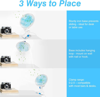 8.66" Portable Clip on Fan, 2 Speed Desk Fan with Auto Shaking Function, 180° Adjustable Tilt, Study Clamp, Personal Cooling Fan with 3.94ft Cord for Home Office Dorm