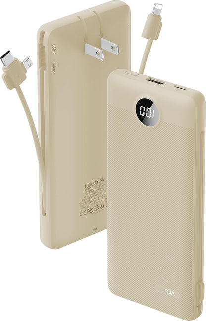 Portable Charger Built-in Cables and AC Wall Plug, USB C Power Bank 10000mAh, Travel Battery Portable Phone Charger Compact Lightweight External Battery Pack for Smart Phones, Tablets etc-Light Coffee