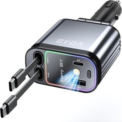 Fast Car Charger 4 in 1 Retractable Car Charger 69W with Starry Light,USB-C Fast Car Accessories,Compatible with All iPhones All Android Phones (Grey, Dual Cord USB-C)
